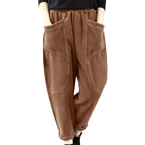 Cord Haremshose Damen Mit Tasche - Freizeithose Elasrische Taille Jogginghose Gerippt Cord-Hosen Einfarbig Thermohose Oversized Locker Winterhose Baggy Y2K Sporthose Hip Hop Streetwear von Generic
