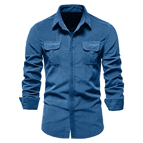 Cord Hemd Herren Cordhemd Herrenmode Kordhemd Einfaches Business Slim Solid Color Cardigan Langarmhemd mit Knopfleiste Corduroy Shirt Freizeithemd (Blue, L) von Generic