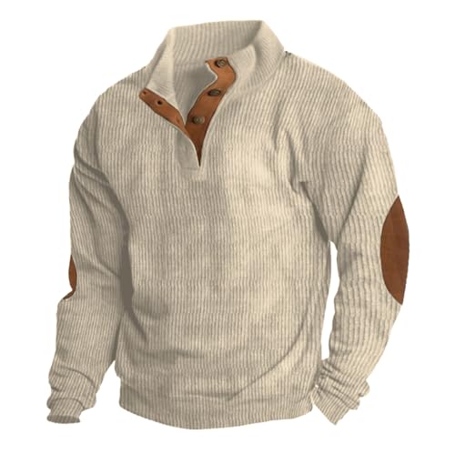 Cord Sweatshirt Herren Mit 1/4 Knopf Kragen Langärmeliges Pullover Herren Ohne Kapuze Ellenbogen-Patches Winter Waffel-Sweatshirt Polo Shirts Oberteile Stehkragen Pulli Streetwear Für Männer von Generic