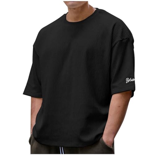 Cord T Shirt Herren Schwarz, Oversized Tshirt Herren Kurzarm, Basic T-Shirt Rundhals Leicht Luftig Sommer Oberteile Casual Locker Tshirts Mode Einfarbig T-Shirts Große Größe Shirts Sportshirts von Generic