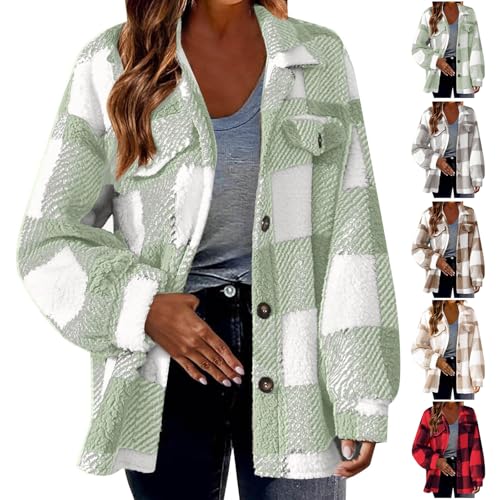 Cordhemd Damen Flanell Wolljacke Damen Karierte Oversize Hemdjacke Lange Flanellhemd Kariert Ärmel Baumwolle Revers Große Größe Button Down Jeanshemd Bluse Shacket Mantel(Grün,5XL) von Generic