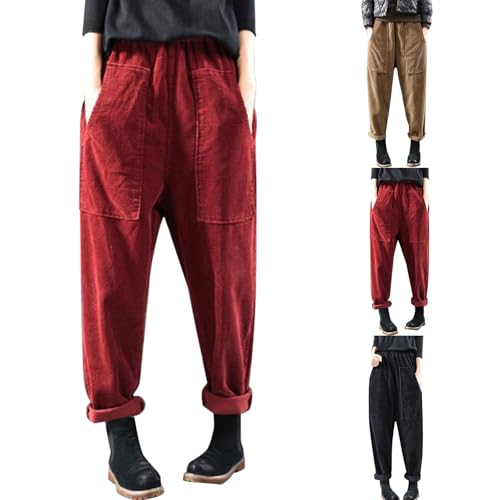 Cordhose Damen Stretch Weites Bein - Freizeithose Damen Baumwolle Lang - Jogginghose Baumwolle Winterhose Lässig Haremshose Weiblich Laufhosen Gummibund Sweathose Mit Taschen Stoffhose von Generic