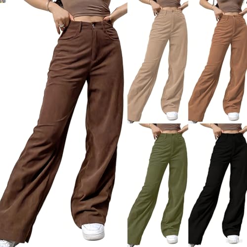 Cordhose Damen Weites Bein - Freizeithose Damen Lang Mit Tasche Jogginghose High Waist Straight-Hosen Einfarbig Elegante Palazzohose Oversized Y2K Sporthose Teenager Mädchen Streetwer von Generic