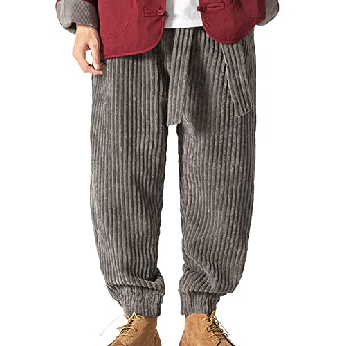 Cordhose Herren Breitcord mit Gummizug Jogginghose Herren mit Bündchen Hosen Männer Baggy Freizeithose Herren mit Kordelzug Lang Weit Breit Cordhose Herren Stretch (Grey, L) von Generic