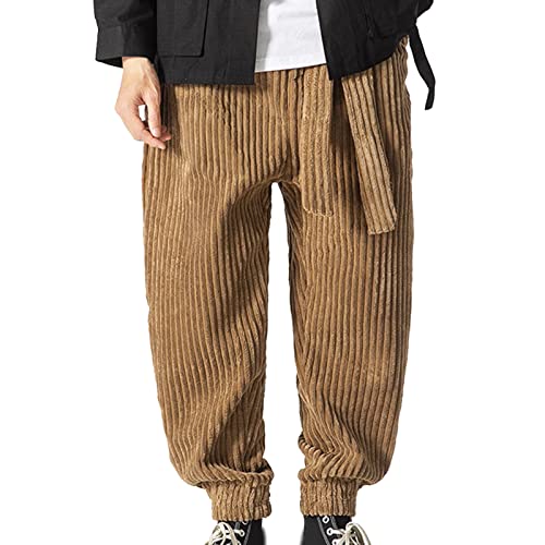 Cordhose Herren Breitcord mit Gummizug Jogginghose Herren mit Bündchen Hosen Männer Baggy Freizeithose Herren mit Kordelzug Lang Weit Breit Cordhose Herren Stretch (Khaki, L) von Generic