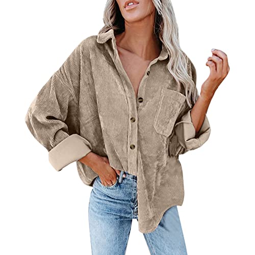 Cordjacke Dame Langarm Oversized - Sweatjacke Gestreift Cord Hemdjacke Flausching Bluse Revers Cordjacken Langarm Sweatjacken Elegante Langarmshirt Langarm Herbstjacke Thermo Winter Trainingsjacken von Generic