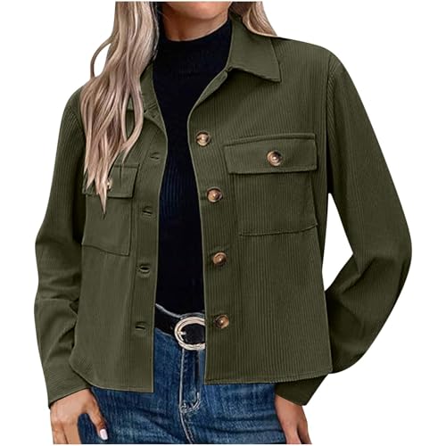 Cordjacke Damen Kurz Hemdjacke Einfarbig Sweatblazer Autumn Winter Übergangsjacke Langarm Revers Shirtjacke Button Down Cropped Jacke mit Taschen Teenager Mädchen Mantel Freizeitjacke von Generic