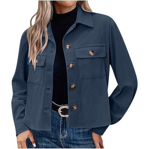 Cordjacke Damen Kurz Hemdjacke Einfarbig Sweatblazer Autumn Winter Übergangsjacke Langarm Revers Shirtjacke Button Down Cropped Jacke mit Taschen Teenager Mädchen Mantel Freizeitjacke von Generic