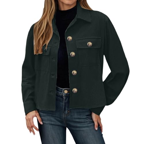 Cordjacke Damen Langarm Button Down Blouson Jacke mit Taschen Herbst Winter Casaul Jacket Kurze Cord Jacke Langarm Revers Shirtjacke Blouson Jacke mit Taschen Übergangsjacke von Generic