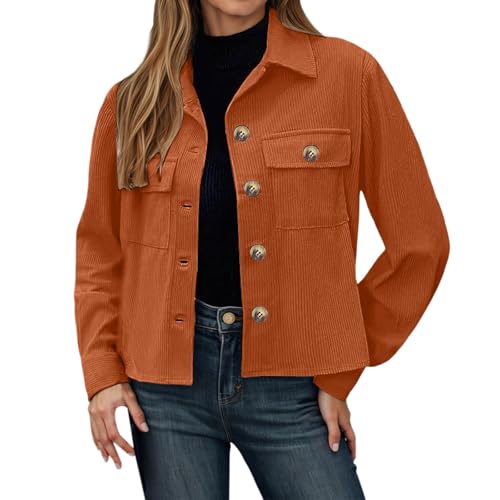 Cordjacke Damen Langarm Button Down Blouson Jacke mit Taschen Herbst Winter Casaul Jacket Kurze Cord Jacke Langarm Revers Shirtjacke Blouson Jacke mit Taschen Übergangsjacke von Generic
