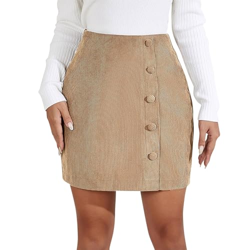 Cordröcke für Damen, Herbst/Winter, hohe Taille, Knopfleiste, A-Linie, kurzer Minirock mit Taschen Hohe Taille (Beige, XL) von Generic