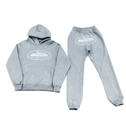 Corteiz Trainingsanzug Herren Y2K Hoodie Jogginghose Set Jogginganzug Tracksuit Männer Sportanzüge Kapuzenpullover+Sporthose Laufanzug Pullover Sport Jogging Gym Winter Streetwear Grau XXL von Generic