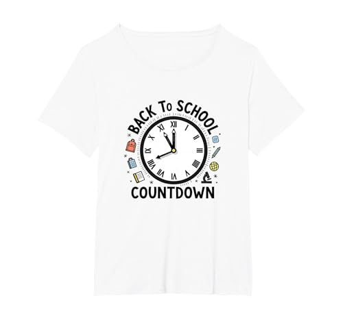 Countdown-Uhr für die Schule mit Bildungssymbolen T-Shirt, Damen Große Größen, Weiß, 4X von Generic