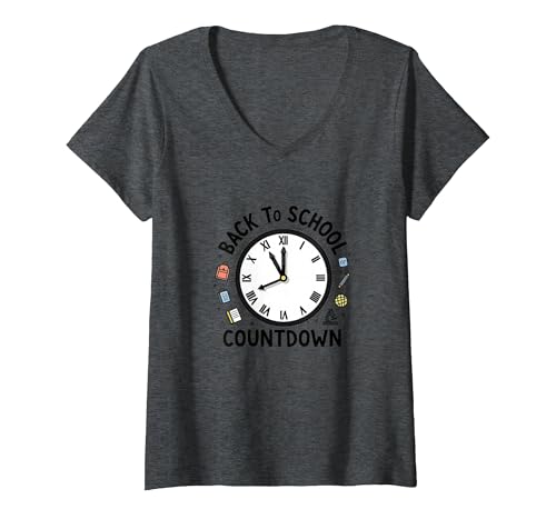 Countdown-Uhr für die Schule mit Bildungssymbolen T-Shirt mit V-Ausschnitt, Damen, Anthrazit Meliert, XXL von Generic