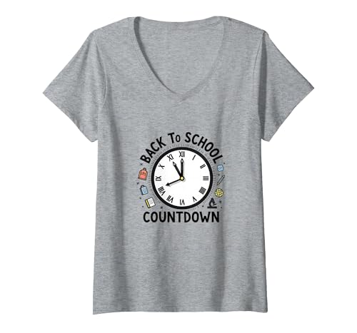 Countdown-Uhr für die Schule mit Bildungssymbolen T-Shirt mit V-Ausschnitt, Damen, Grau Meliert, XXL von Generic