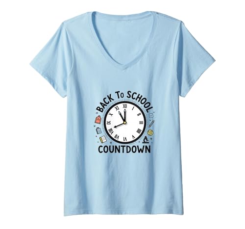 Countdown-Uhr für die Schule mit Bildungssymbolen T-Shirt mit V-Ausschnitt, Damen, Himmelblau, XL von Generic