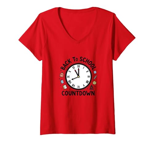 Countdown-Uhr für die Schule mit Bildungssymbolen T-Shirt mit V-Ausschnitt, Damen, Rot, L von Generic