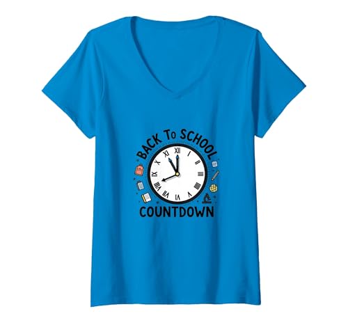 Countdown-Uhr für die Schule mit Bildungssymbolen T-Shirt mit V-Ausschnitt, Damen, Saphir, L von Generic