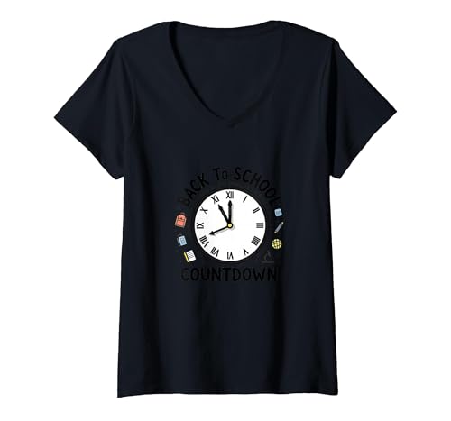 Countdown-Uhr für die Schule mit Bildungssymbolen T-Shirt mit V-Ausschnitt, Damen, Schwarz, XL von Generic