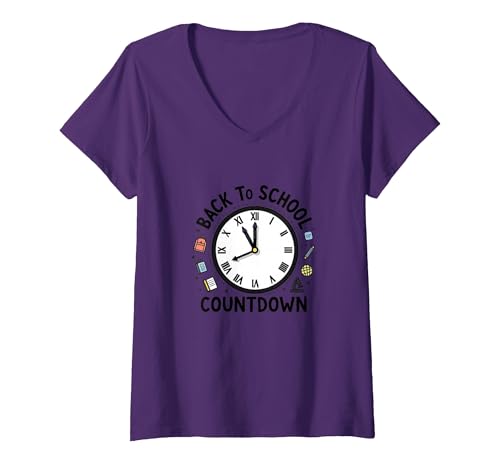 Countdown-Uhr für die Schule mit Bildungssymbolen T-Shirt mit V-Ausschnitt, Damen, Violett, S von Generic