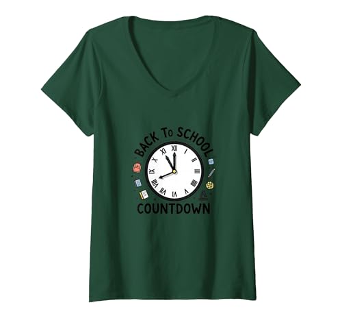 Countdown-Uhr für die Schule mit Bildungssymbolen T-Shirt mit V-Ausschnitt, Damen, Waldgrün, XXL von Generic