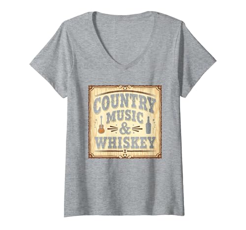 Country Music & Whiskey Vintage Western für Herren T-Shirt mit V-Ausschnitt, Damen, Grau Meliert, M von Generic