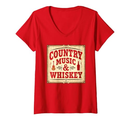 Country Music & Whiskey Vintage Western für Herren T-Shirt mit V-Ausschnitt, Damen, Rot, M von Generic