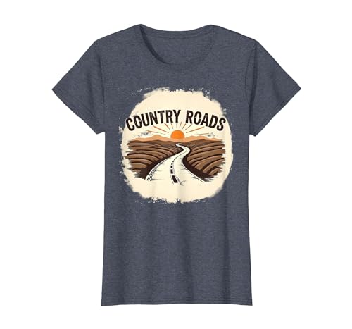Country Roads Herren-Grafik, ländlicher Sonnenuntergang T-Shirt, Damen, Blau Meliert, XS von Generic