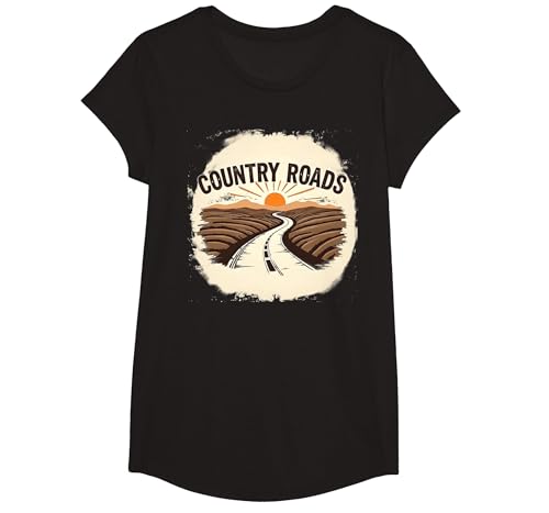 Country Roads Herren-Grafik, ländlicher Sonnenuntergang T-Shirt, Girls, Schwarz, XS von Generic