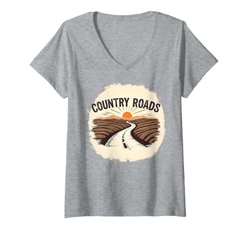 Country Roads Herren-Grafik, ländlicher Sonnenuntergang T-Shirt mit V-Ausschnitt, Damen, Grau Meliert, XL von Generic