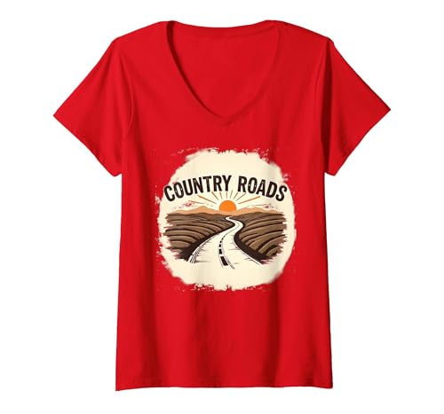 Country Roads Herren-Grafik, ländlicher Sonnenuntergang T-Shirt mit V-Ausschnitt, Damen, Rot, M von Generic