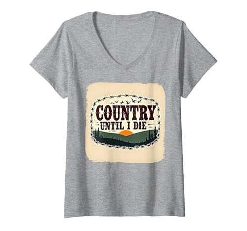 Country Until I Die Rustic Sunset Herren Western Patriotic T-Shirt mit V-Ausschnitt, Damen, Grau Meliert, M Country Until I Die Rustic Sunset Herren Western Patriotic T-Shirt mit V-Ausschnitt, Damen, Grau Meliert, M von Generic
