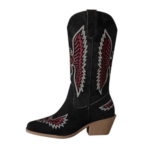Cowboy Boots Damen Schwarz Winterstiefel Leder Halbschuhe Bequem Halbhoch Winterschuhe Leder Westernstiefel Halbhoch Cowboy Stiefeletten Cowboystiefel Outdoor Schwarze von Generic