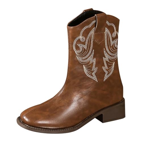 Cowboy Stiefeletten Damen Leder - Halbstiefel Stickerei-Jacquard Westernstiefel Blockabsatz Lederstiefel Halbschaft Schlupfstiefel rutschfest Reitstiefel Faruen Pu-Leder-Stiefel von Generic