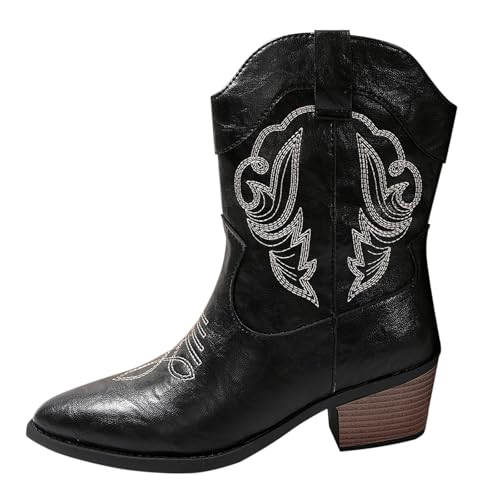 Cowboy Stiefeletten Damen Schwarze Cowboystiefel Leder Cowboy Stiefel Schwarze Kurz Herbst Stiefel Elegant Westernstiefel Kurz Stiefeletten Chelsea Boots Outdoor Leder von Generic