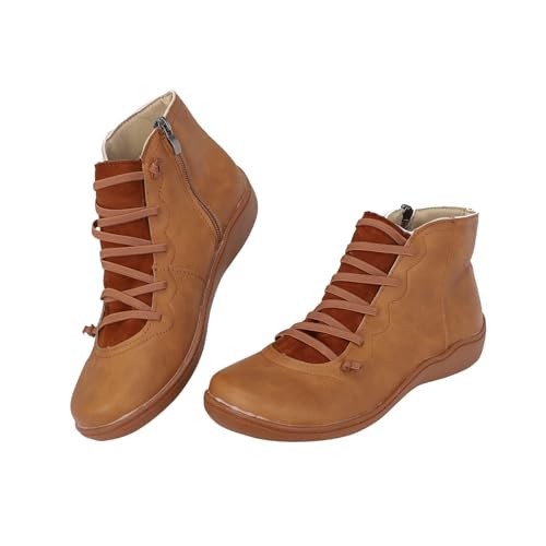 Cowboy-Stiefeletten für Damen, niedriger Absatz, modische Schnürstiefeletten mit Reißverschluss, lässige Wanderstiefeletten, Vintage-Leder, bequem, leicht, Reißverschluss, Westernstiefel mit von Generic