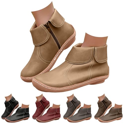 Cowboy-Stiefeletten für Damen, niedriger Absatz, modische Schnürstiefeletten mit Reißverschluss, lässige Wanderstiefeletten, Vintage-Leder, bequem, leicht, Reißverschluss, Westernstiefel mit von Generic
