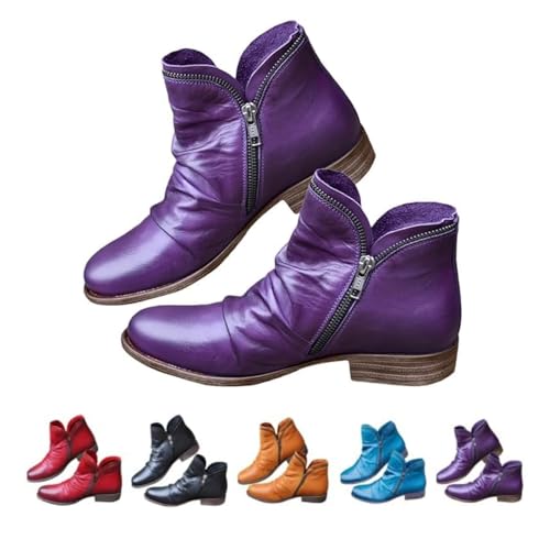 Cowboy-Stiefeletten für Damen, niedriger Absatz, modische Schnürstiefeletten mit Reißverschluss, lässige Wanderstiefeletten, Vintage-Leder, bequem, leicht, Reißverschluss, Westernstiefel mit von Generic