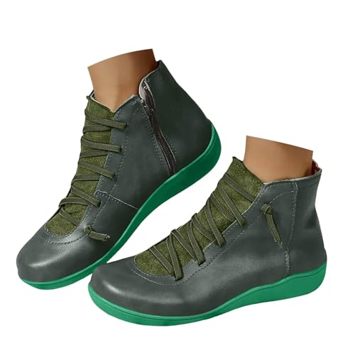 Cowboy-Stiefeletten für Damen, niedriger Absatz, modische Schnürstiefeletten mit Reißverschluss, lässige Wanderstiefeletten, Vintage-Leder, bequem, leicht, Reißverschluss, Westernstiefel mit von Generic