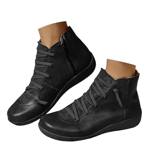Cowboy-Stiefeletten für Damen, niedriger Absatz, modische Schnürstiefeletten mit Reißverschluss, lässige Wanderstiefeletten, Vintage-Leder, bequem, leicht, Reißverschluss, Westernstiefel mit von Generic