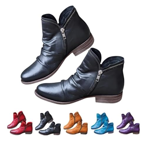 Cowboy-Stiefeletten für Damen, niedriger Absatz, modische Schnürstiefeletten mit Reißverschluss, lässige Wanderstiefeletten, Vintage-Leder, bequem, leicht, Reißverschluss, Westernstiefel mit von Generic