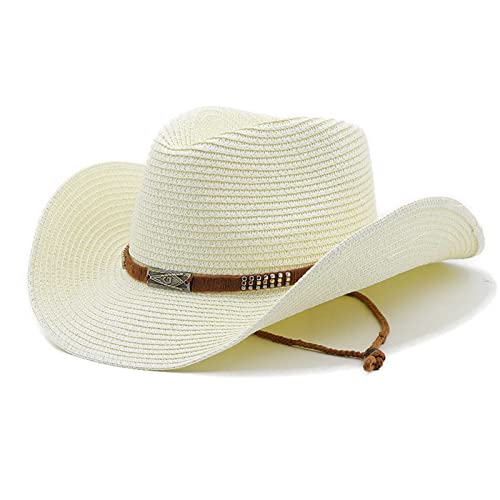 Cowboyhut Unisex Strohhut Westernhut Cowgirlhut Stroh Panamahüte Sommerhut Sonnenhut Piratenhut Strandhut Fischerhut für Damen Herren Erwachsener (DE/NL/SE/PL, Alphanumerisch, Einheitsgröße, Milchig) von Generic