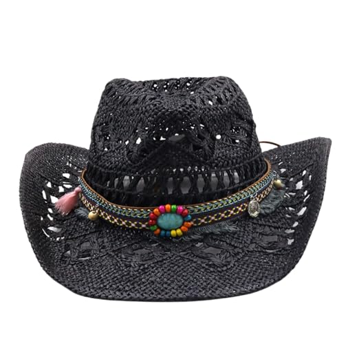 Cowboyhut Western Cowgirl Hüte für Damen Herren Strohhut Westernhut Brasilianischer Bohemian Panamahüte Sommerhut Sonnenhut Strandhut Piratenhut (DE/NL/SE/PL, Alphanumerisch, Einheitsgröße, Schwarz) von Generic