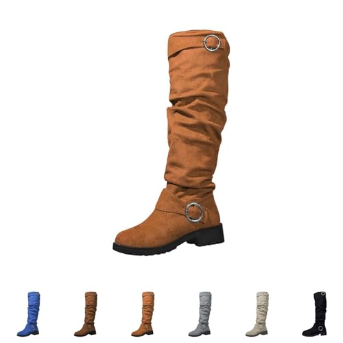 Cowboystiefel Damen Hoch Wildleder - Kniehohe Stiefel Damen Plateau Westernstiefel Mit Schnalle Langschaft Schlupfstiefel Retro Reitstiefel Blockabsatz Profilsohle Winterboots von Generic