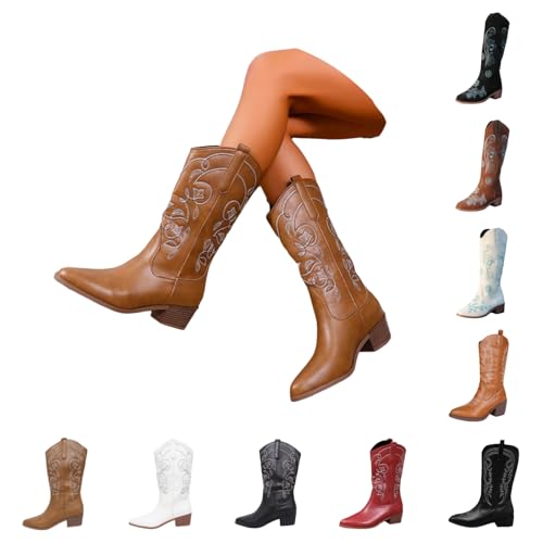 Cowboystiefel Damen Schwarz Leder, Stiefeletten Damen Mit Absatz, Winterstiefel Elegant Leder, Reitstiefel Chelsea Boots Gefüttert, Weitschaftstiefel Winterboots Spitz Beige Hoch von Generic