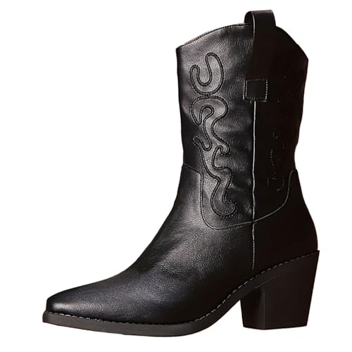 Cowboystiefel Damen Schwarze Cowboy Stiefeletten Elegant Winterschuhe Schwarze Breit Winterstiefel Leder Westernstiefel Halbhoch Stiefeletten Cowboy Boots Festival Stiefe Leder von Generic