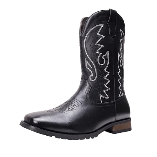 Cowboystiefel Für Herren, Westernstiefel Zum Hineinschlüpfen Mit Schicker Stickerei, Strapazierfähiger Kurzer Retro Country Stiefel Mit Eckiger Zehenkappe,Schwarz,39.5 EU von Generic