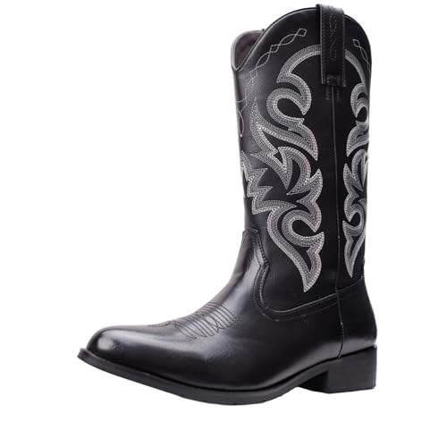 Cowboystiefel Für Herren Western Modisch Retro Stilvoll Bestickte Stiefel Mit Spitzer Zehenpartie Und Klobigem Absatz,Schwarz,41 EU von Generic