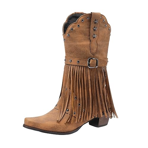 Cowboystiefel für Damen, Westernstiefel, spitzer Zehenbereich, niedriger Blockabsatz, Quastendekoration, Stiefeletten, Damenschuhe Trachten Schuhe Für Stiefel Boots von Generic