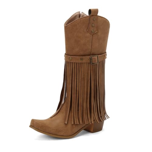 Cowboystiefel mit bestickten Fransen für Damen im britischen Stil, Gürtelschnalle, quadratische Zehenpartie, Dicker Absatz, Reißverschluss, modischer Reitstiefel im Country-Stil, Retro,Gelb,45 EU von Generic